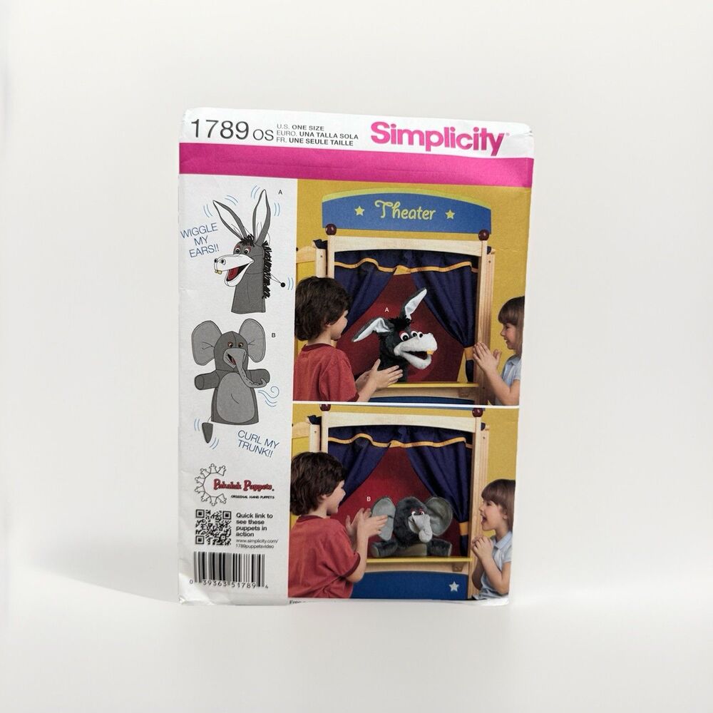 Simplicity 1789 Sewing Pattern Crafts Pakaluk Hand Puppets Elephant Donkey